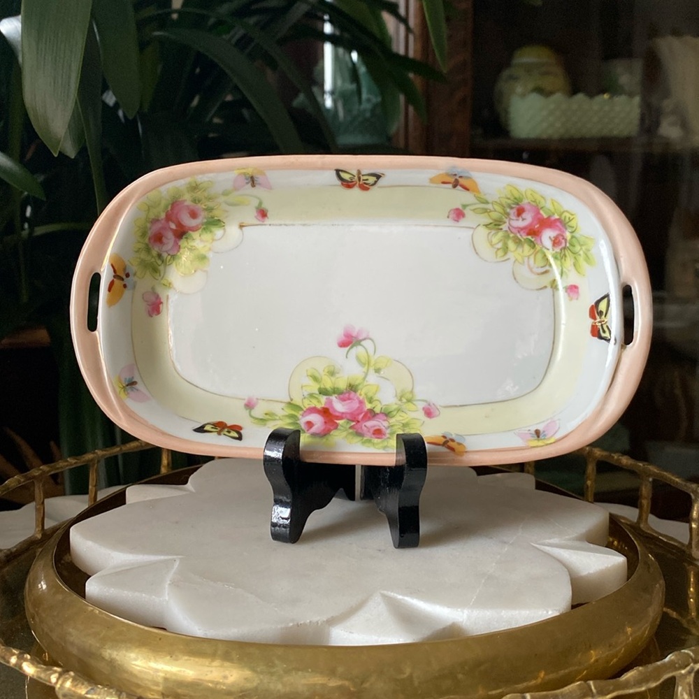Antique Nippon Hand Painted Butterflies + Rose Floral Pink Porcelain Handle Tray